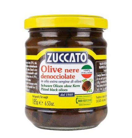 Zuccato Olive Nere Denocciolate - czarne oliwki bez pestki w oliwie z oliwek extra vergine 185g