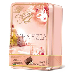 Vergani Venezia Nocciola Torrone - włoskie praliny z mlecznej czekolady z kremem orzechowym i nugatem w ozdobnej puszce 100g
