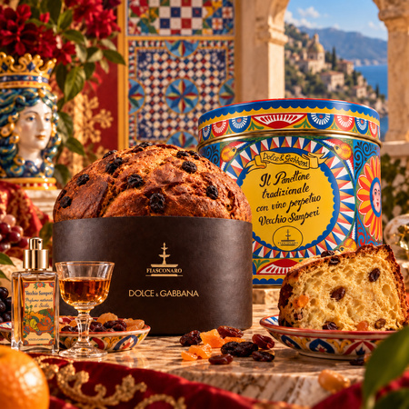 Fiasconaro Dolce&Gabbana Panettone Tradizionale - włoska babka w puszce z flakonem wina Vecchio Samperi 1kg + 30ml