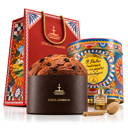 Fiasconaro Dolce&Gabbana Panettone Tradizionale - włoska babka w puszce z flakonem wina Vecchio Samperi 1kg + 30ml
