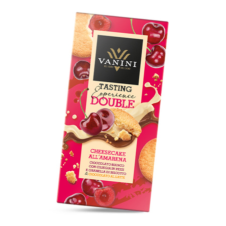 Vanini Double Cheesecake all’Amarena - włoska czekolada biała i mleczna z wiśniami i kawałkami ciasteczek 85g