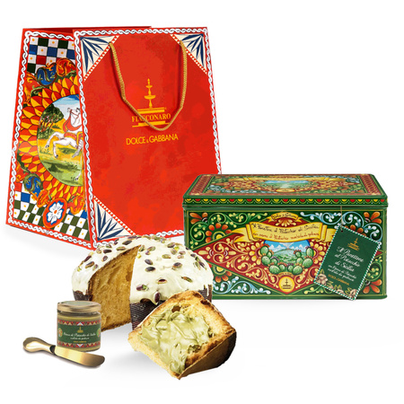 Fiasconaro Dolce&Gabbana Panettone Pistacchio - włoska babka w kolekcjonerskiej puszce ze słoiczkiem kremu pistacjowego 500g + 100g