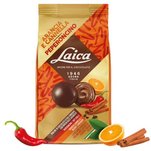 Laica Praline Gusti Assortiti - włoskie praliny z gorzkiej czekolady z kremem o smaku pomarańczy, cynamonu i chili 90g